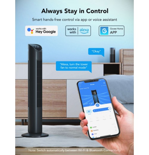 Black Smart Tower Fan with Wi-Fi App Control for Convenient Cooling